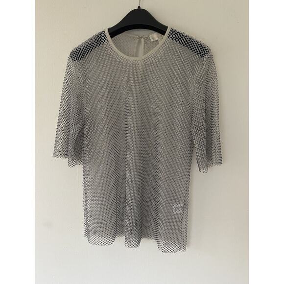 Ronny Kobo Mesh Top with Rhinestone Mesh Size Medium Siver Tan - Picture 1 of 4